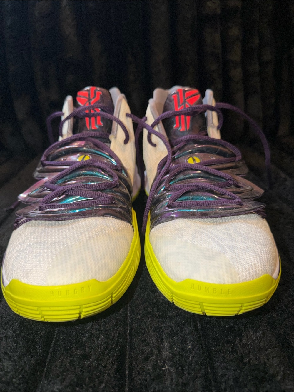 Nike Kyrie 5 Mamba Mentality White, Neon Yellow & Purple Basketball Shoes